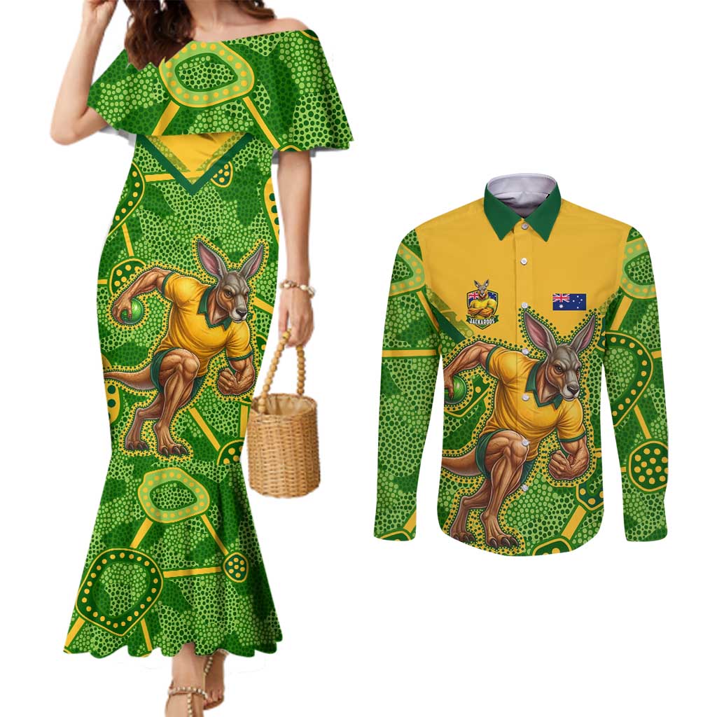 Personalized Australian Jackaroo Lawn Bowls Couples Matching Mermaid Dress and Long Sleeve Button Shirt Kangaroo Athlete Indigenous Pattern Green Yellow Sports Mascot