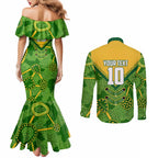 Personalized Australian Jackaroo Lawn Bowls Couples Matching Mermaid Dress and Long Sleeve Button Shirt Kangaroo Athlete Indigenous Pattern Green Yellow Sports Mascot
