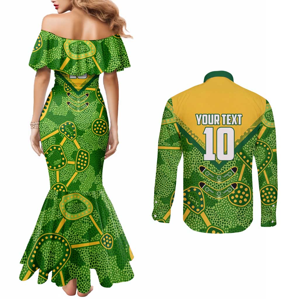 Personalized Australian Jackaroo Lawn Bowls Couples Matching Mermaid Dress and Long Sleeve Button Shirt Kangaroo Athlete Indigenous Pattern Green Yellow Sports Mascot