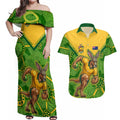 Personalized Australian Jackaroo Lawn Bowls Couples Matching Off Shoulder Maxi Dress and Hawaiian Shirt Kangaroo Athlete Indigenous Pattern Green Yellow Sports Mascot