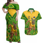 Personalized Australian Jackaroo Lawn Bowls Couples Matching Off Shoulder Maxi Dress and Hawaiian Shirt Kangaroo Athlete Indigenous Pattern Green Yellow Sports Mascot
