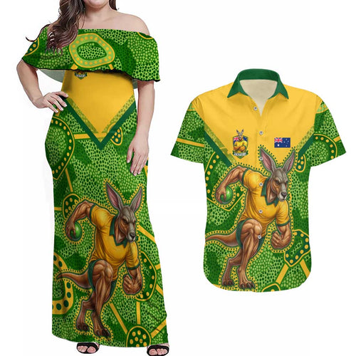 Personalized Australian Jackaroo Lawn Bowls Couples Matching Off Shoulder Maxi Dress and Hawaiian Shirt Kangaroo Athlete Indigenous Pattern Green Yellow Sports Mascot