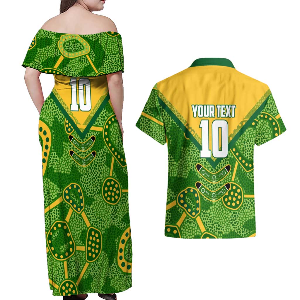 Personalized Australian Jackaroo Lawn Bowls Couples Matching Off Shoulder Maxi Dress and Hawaiian Shirt Kangaroo Athlete Indigenous Pattern Green Yellow Sports Mascot