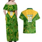 Personalized Australian Jackaroo Lawn Bowls Couples Matching Off Shoulder Maxi Dress and Hawaiian Shirt Kangaroo Athlete Indigenous Pattern Green Yellow Sports Mascot