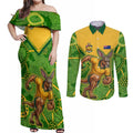 Personalized Australian Jackaroo Lawn Bowls Couples Matching Off Shoulder Maxi Dress and Long Sleeve Button Shirt Kangaroo Athlete Indigenous Pattern Green Yellow Sports Mascot