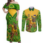 Personalized Australian Jackaroo Lawn Bowls Couples Matching Off Shoulder Maxi Dress and Long Sleeve Button Shirt Kangaroo Athlete Indigenous Pattern Green Yellow Sports Mascot