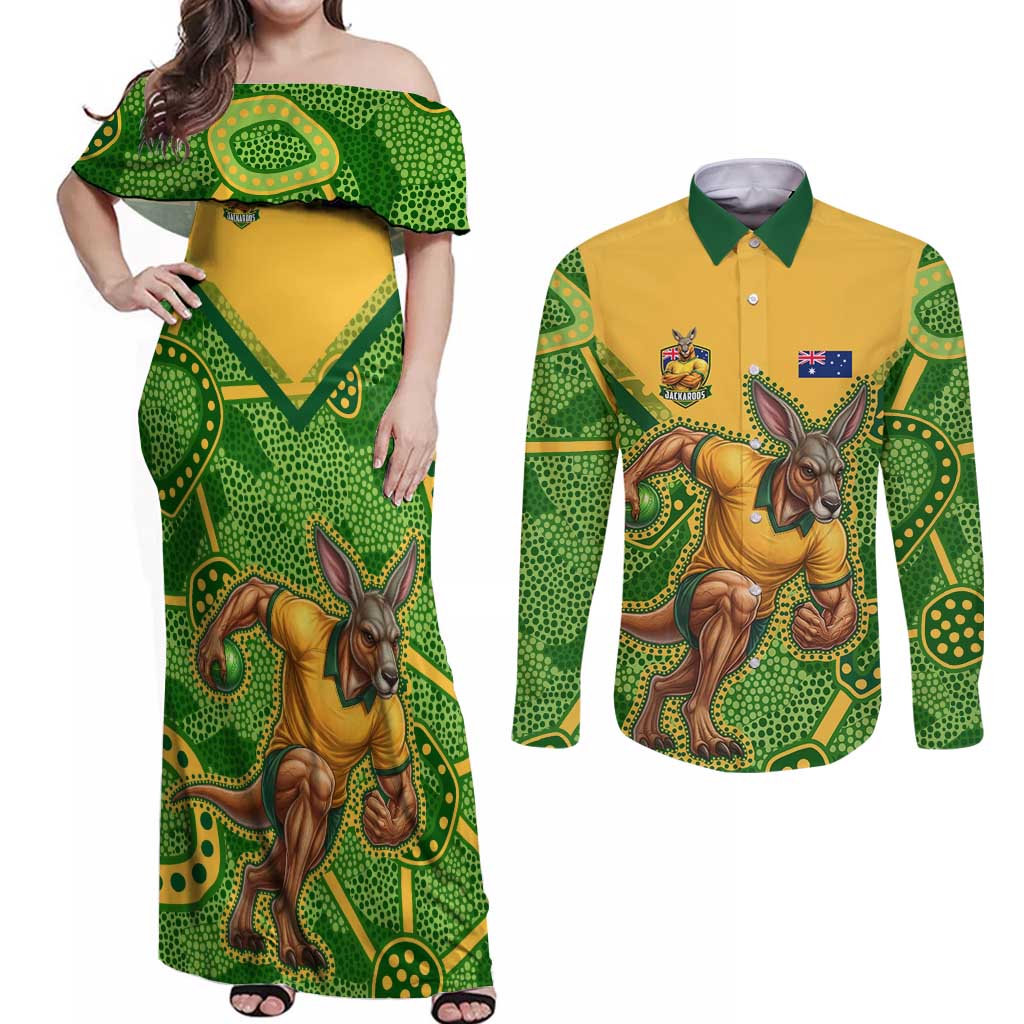 Personalized Australian Jackaroo Lawn Bowls Couples Matching Off Shoulder Maxi Dress and Long Sleeve Button Shirt Kangaroo Athlete Indigenous Pattern Green Yellow Sports Mascot