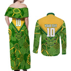 Personalized Australian Jackaroo Lawn Bowls Couples Matching Off Shoulder Maxi Dress and Long Sleeve Button Shirt Kangaroo Athlete Indigenous Pattern Green Yellow Sports Mascot