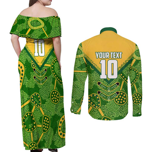 Personalized Australian Jackaroo Lawn Bowls Couples Matching Off Shoulder Maxi Dress and Long Sleeve Button Shirt Kangaroo Athlete Indigenous Pattern Green Yellow Sports Mascot