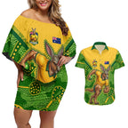 Personalized Australian Jackaroo Lawn Bowls Couples Matching Off Shoulder Short Dress and Hawaiian Shirt Kangaroo Athlete Indigenous Pattern Green Yellow Sports Mascot