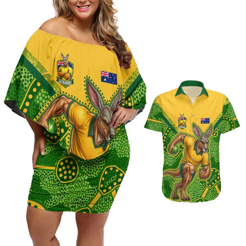 Personalized Australian Jackaroo Lawn Bowls Couples Matching Off Shoulder Short Dress and Hawaiian Shirt Kangaroo Athlete Indigenous Pattern Green Yellow Sports Mascot