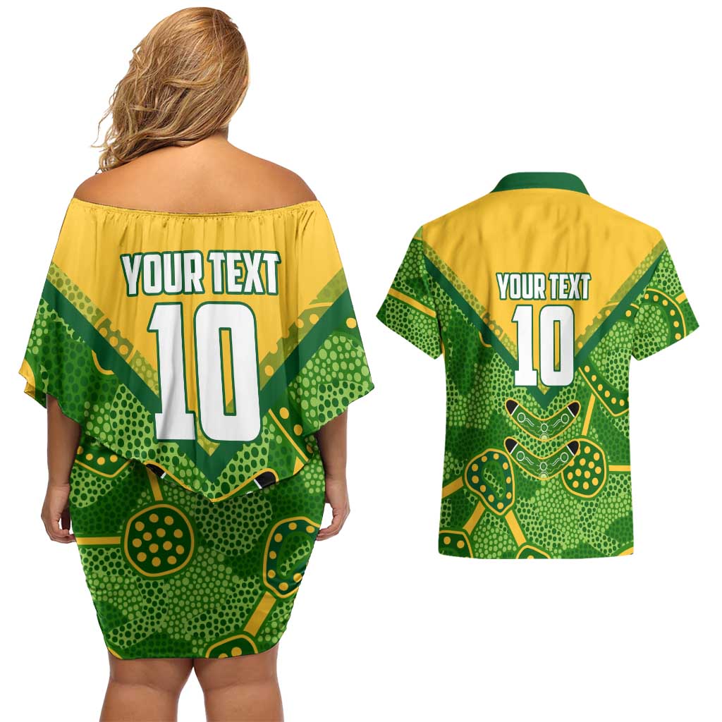 Personalized Australian Jackaroo Lawn Bowls Couples Matching Off Shoulder Short Dress and Hawaiian Shirt Kangaroo Athlete Indigenous Pattern Green Yellow Sports Mascot