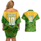 Personalized Australian Jackaroo Lawn Bowls Couples Matching Off Shoulder Short Dress and Hawaiian Shirt Kangaroo Athlete Indigenous Pattern Green Yellow Sports Mascot