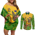 Personalized Australian Jackaroo Lawn Bowls Couples Matching Off Shoulder Short Dress and Long Sleeve Button Shirt Kangaroo Athlete Indigenous Pattern Green Yellow Sports Mascot