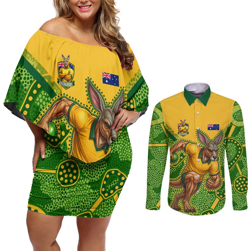Personalized Australian Jackaroo Lawn Bowls Couples Matching Off Shoulder Short Dress and Long Sleeve Button Shirt Kangaroo Athlete Indigenous Pattern Green Yellow Sports Mascot