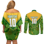 Personalized Australian Jackaroo Lawn Bowls Couples Matching Off Shoulder Short Dress and Long Sleeve Button Shirt Kangaroo Athlete Indigenous Pattern Green Yellow Sports Mascot