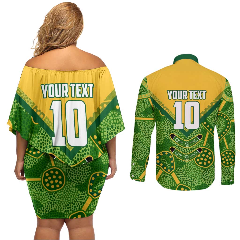 Personalized Australian Jackaroo Lawn Bowls Couples Matching Off Shoulder Short Dress and Long Sleeve Button Shirt Kangaroo Athlete Indigenous Pattern Green Yellow Sports Mascot
