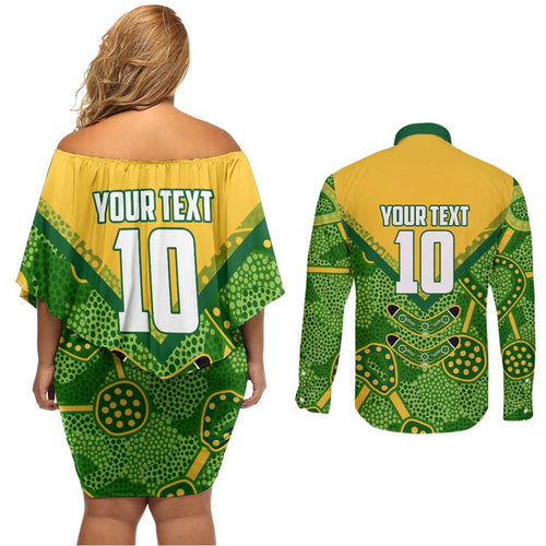 Personalized Australian Jackaroo Lawn Bowls Couples Matching Off Shoulder Short Dress and Long Sleeve Button Shirt Kangaroo Athlete Indigenous Pattern Green Yellow Sports Mascot