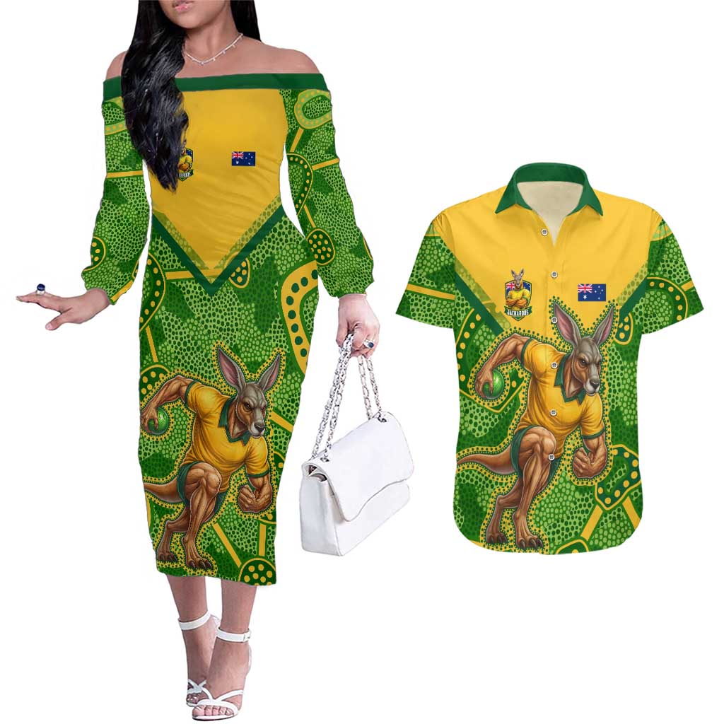 Personalized Australian Jackaroo Lawn Bowls Couples Matching Off The Shoulder Long Sleeve Dress and Hawaiian Shirt Kangaroo Athlete Indigenous Pattern Green Yellow Sports Mascot