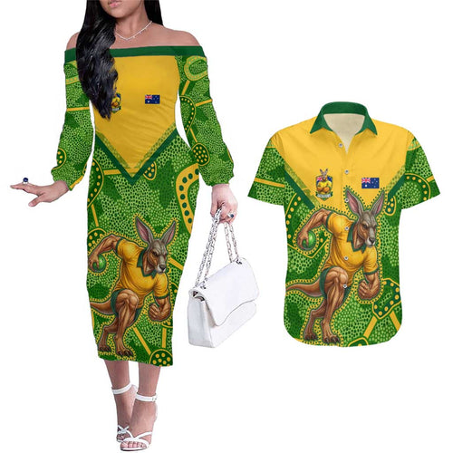 Personalized Australian Jackaroo Lawn Bowls Couples Matching Off The Shoulder Long Sleeve Dress and Hawaiian Shirt Kangaroo Athlete Indigenous Pattern Green Yellow Sports Mascot