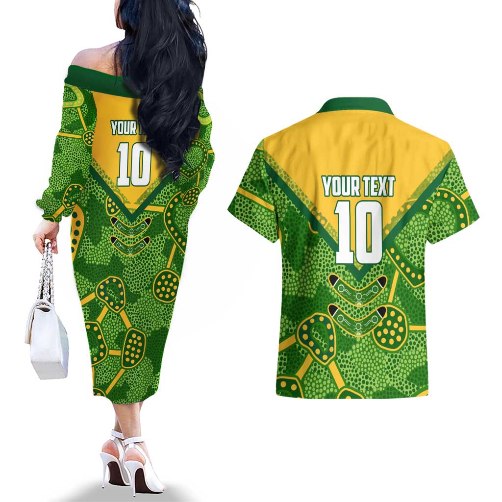 Personalized Australian Jackaroo Lawn Bowls Couples Matching Off The Shoulder Long Sleeve Dress and Hawaiian Shirt Kangaroo Athlete Indigenous Pattern Green Yellow Sports Mascot