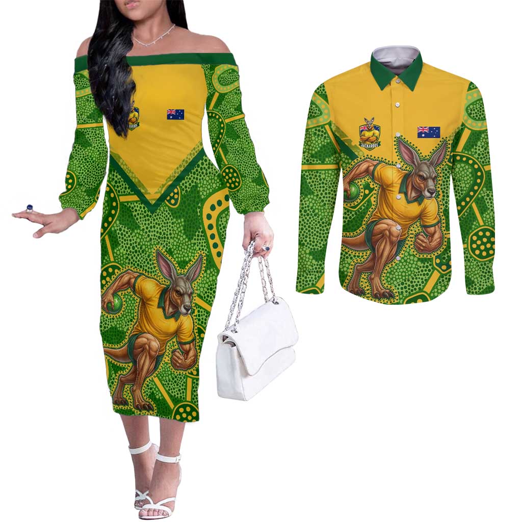 Personalized Australian Jackaroo Lawn Bowls Couples Matching Off The Shoulder Long Sleeve Dress and Long Sleeve Button Shirt Kangaroo Athlete Indigenous Pattern Green Yellow Sports Mascot
