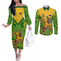 Personalized Australian Jackaroo Lawn Bowls Couples Matching Off The Shoulder Long Sleeve Dress and Long Sleeve Button Shirt Kangaroo Athlete Indigenous Pattern Green Yellow Sports Mascot