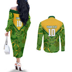 Personalized Australian Jackaroo Lawn Bowls Couples Matching Off The Shoulder Long Sleeve Dress and Long Sleeve Button Shirt Kangaroo Athlete Indigenous Pattern Green Yellow Sports Mascot