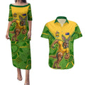 Personalized Australian Jackaroo Lawn Bowls Couples Matching Puletasi and Hawaiian Shirt Kangaroo Athlete Indigenous Pattern Green Yellow Sports Mascot