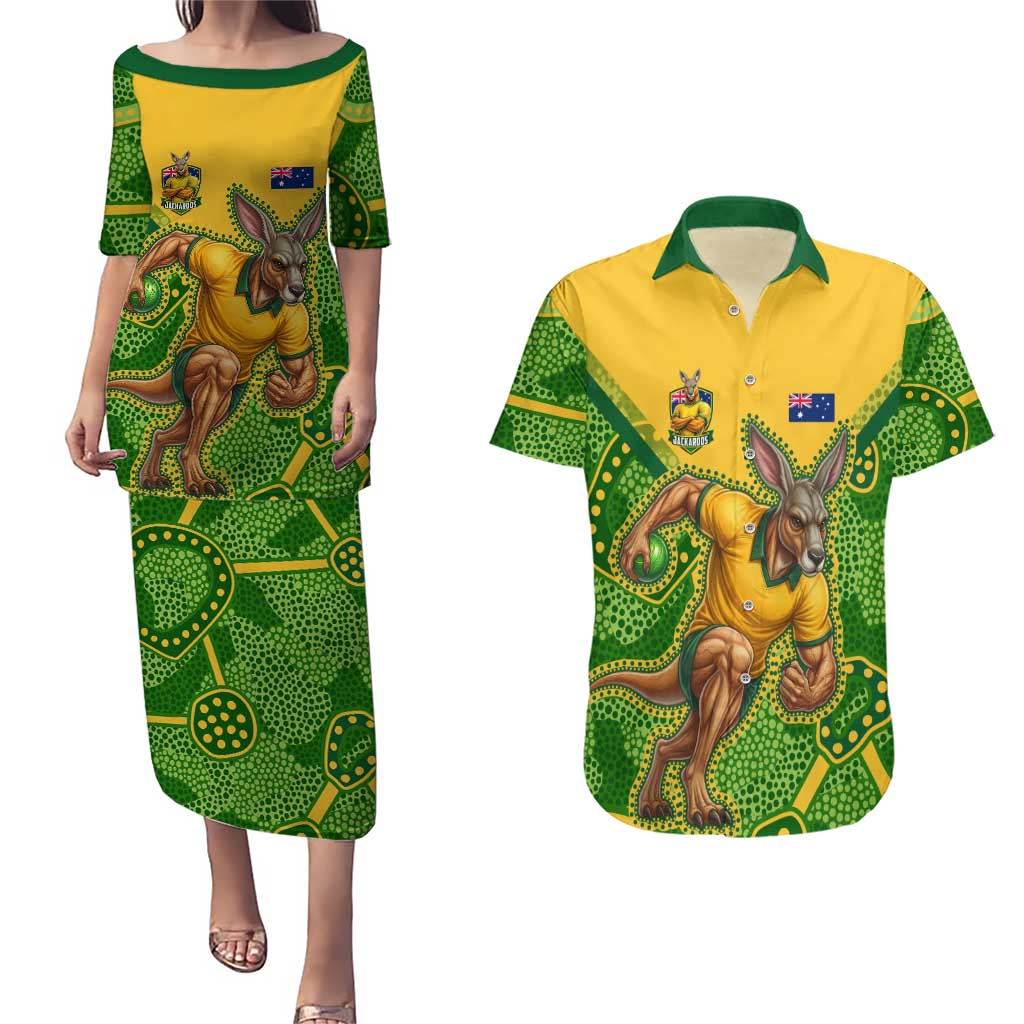 Personalized Australian Jackaroo Lawn Bowls Couples Matching Puletasi and Hawaiian Shirt Kangaroo Athlete Indigenous Pattern Green Yellow Sports Mascot