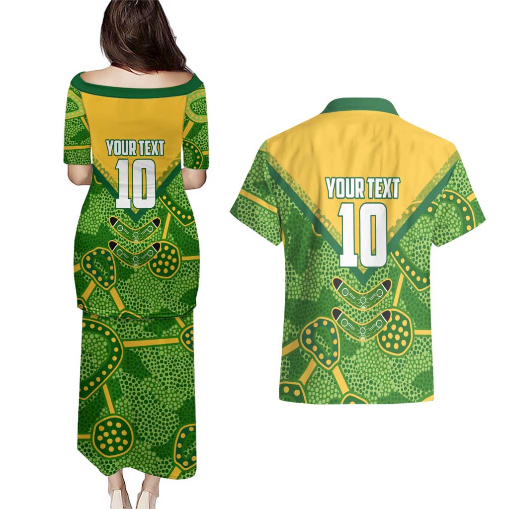 Personalized Australian Jackaroo Lawn Bowls Couples Matching Puletasi and Hawaiian Shirt Kangaroo Athlete Indigenous Pattern Green Yellow Sports Mascot