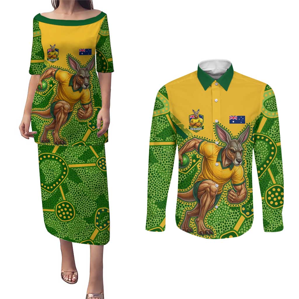 Personalized Australian Jackaroo Lawn Bowls Couples Matching Puletasi and Long Sleeve Button Shirt Kangaroo Athlete Indigenous Pattern Green Yellow Sports Mascot