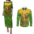 Personalized Australian Jackaroo Lawn Bowls Couples Matching Puletasi and Long Sleeve Button Shirt Kangaroo Athlete Indigenous Pattern Green Yellow Sports Mascot