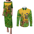 Personalized Australian Jackaroo Lawn Bowls Couples Matching Puletasi and Long Sleeve Button Shirt Kangaroo Athlete Indigenous Pattern Green Yellow Sports Mascot