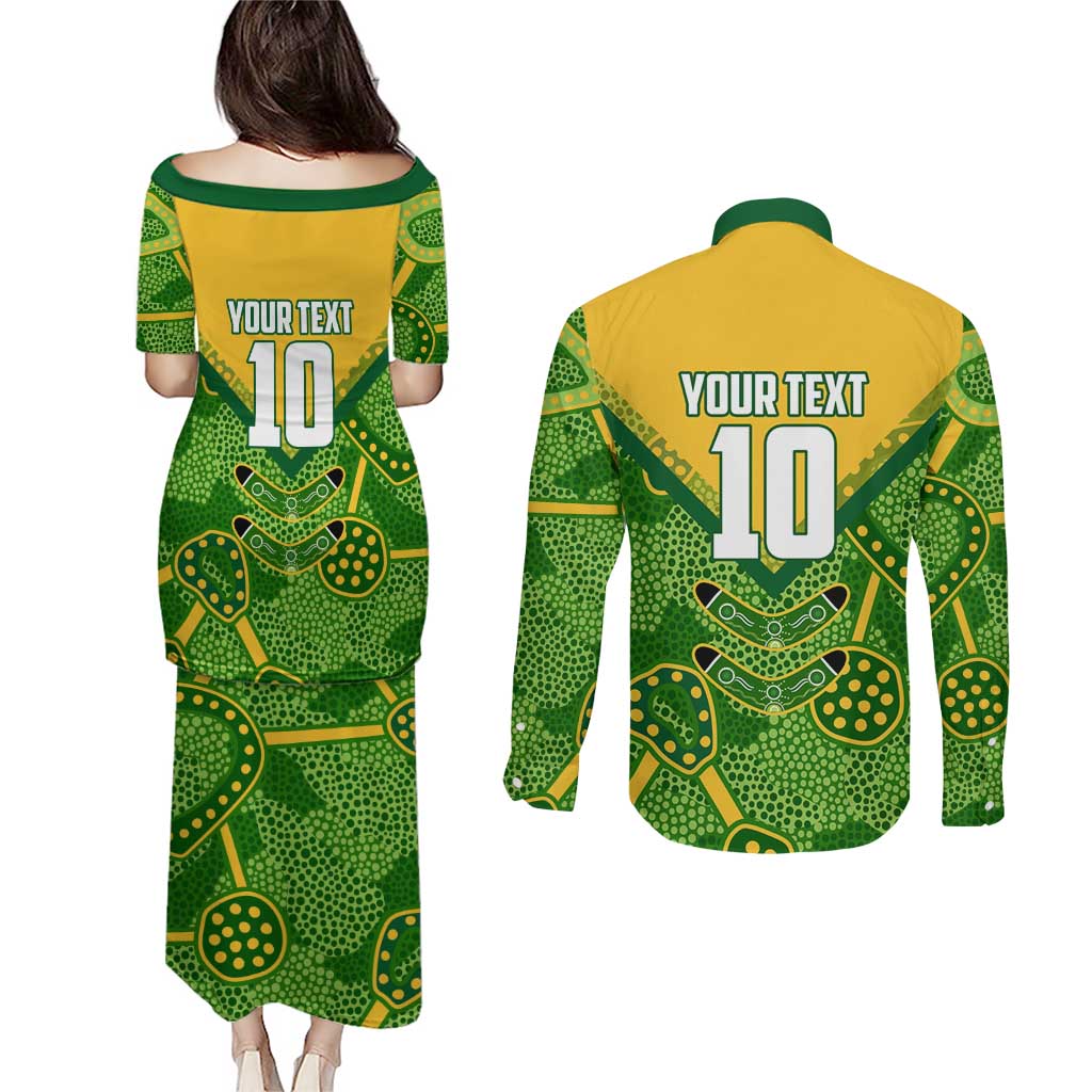 Personalized Australian Jackaroo Lawn Bowls Couples Matching Puletasi and Long Sleeve Button Shirt Kangaroo Athlete Indigenous Pattern Green Yellow Sports Mascot