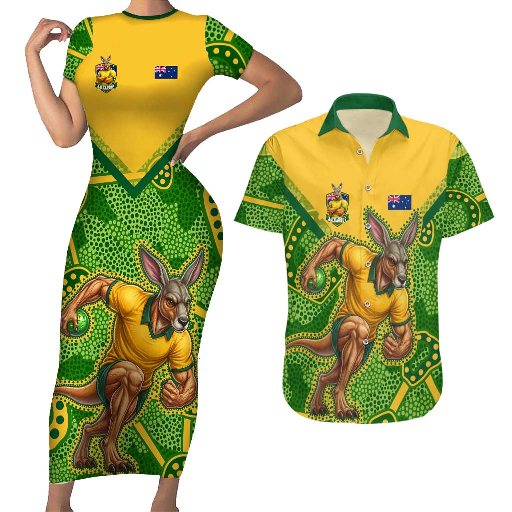 Personalized Australian Jackaroo Lawn Bowls Couples Matching Short Sleeve Bodycon Dress and Hawaiian Shirt Kangaroo Athlete Indigenous Pattern Green Yellow Sports Mascot