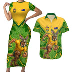Personalized Australian Jackaroo Lawn Bowls Couples Matching Short Sleeve Bodycon Dress and Hawaiian Shirt Kangaroo Athlete Indigenous Pattern Green Yellow Sports Mascot
