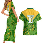 Personalized Australian Jackaroo Lawn Bowls Couples Matching Short Sleeve Bodycon Dress and Hawaiian Shirt Kangaroo Athlete Indigenous Pattern Green Yellow Sports Mascot