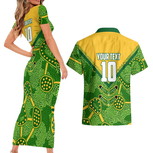 Personalized Australian Jackaroo Lawn Bowls Couples Matching Short Sleeve Bodycon Dress and Hawaiian Shirt Kangaroo Athlete Indigenous Pattern Green Yellow Sports Mascot