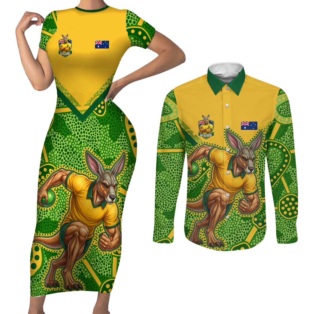 Personalized Australian Jackaroo Lawn Bowls Couples Matching Short Sleeve Bodycon Dress and Long Sleeve Button Shirt Kangaroo Athlete Indigenous Pattern Green Yellow Sports Mascot