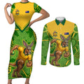 Personalized Australian Jackaroo Lawn Bowls Couples Matching Short Sleeve Bodycon Dress and Long Sleeve Button Shirt Kangaroo Athlete Indigenous Pattern Green Yellow Sports Mascot