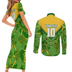 Personalized Australian Jackaroo Lawn Bowls Couples Matching Short Sleeve Bodycon Dress and Long Sleeve Button Shirt Kangaroo Athlete Indigenous Pattern Green Yellow Sports Mascot