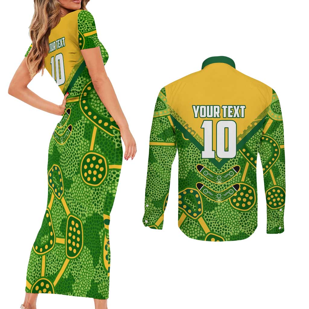 Personalized Australian Jackaroo Lawn Bowls Couples Matching Short Sleeve Bodycon Dress and Long Sleeve Button Shirt Kangaroo Athlete Indigenous Pattern Green Yellow Sports Mascot