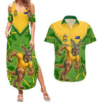 Personalized Australian Jackaroo Lawn Bowls Couples Matching Summer Maxi Dress and Hawaiian Shirt Kangaroo Athlete Indigenous Pattern Green Yellow Sports Mascot