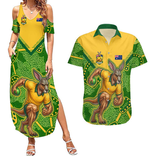 Personalized Australian Jackaroo Lawn Bowls Couples Matching Summer Maxi Dress and Hawaiian Shirt Kangaroo Athlete Indigenous Pattern Green Yellow Sports Mascot