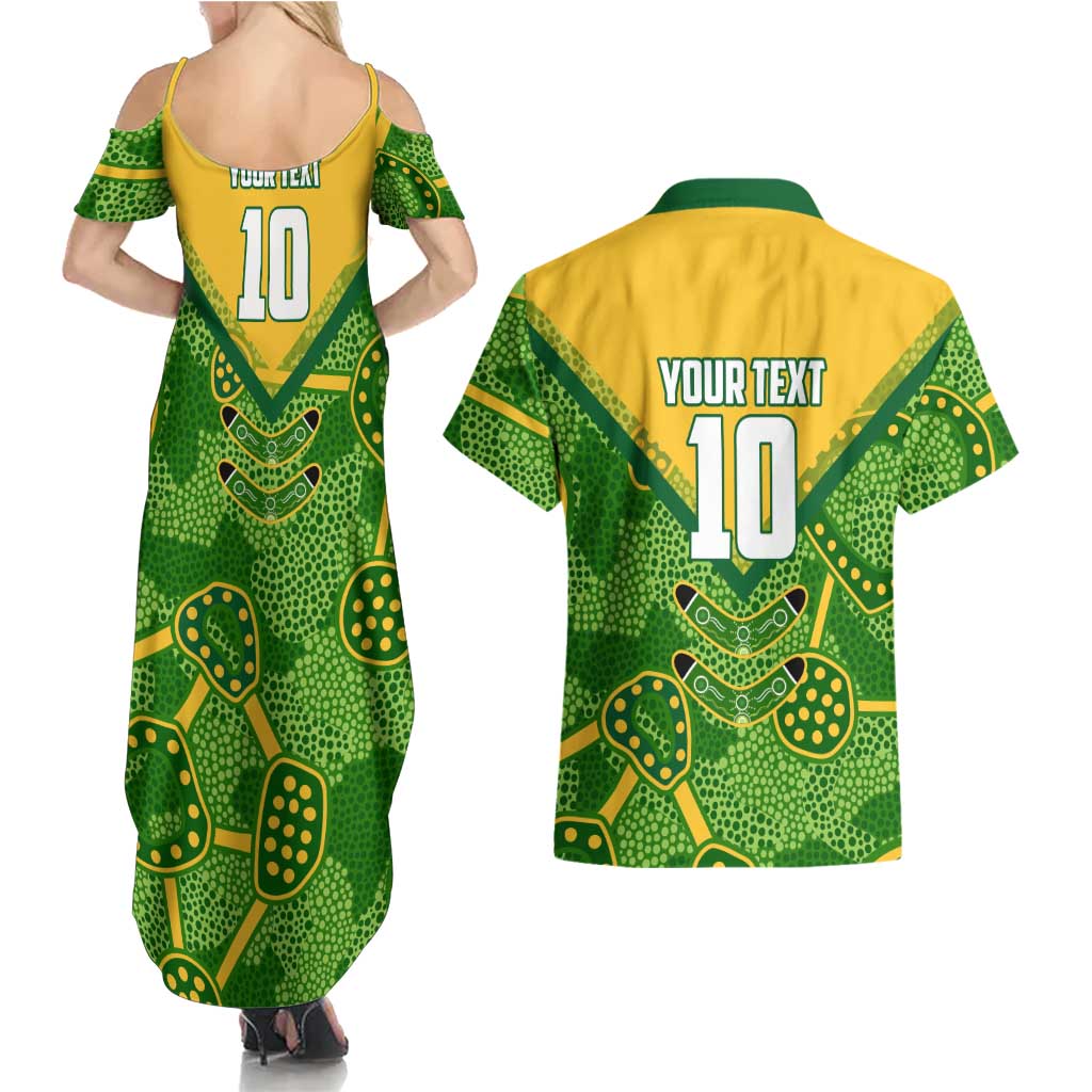 Personalized Australian Jackaroo Lawn Bowls Couples Matching Summer Maxi Dress and Hawaiian Shirt Kangaroo Athlete Indigenous Pattern Green Yellow Sports Mascot