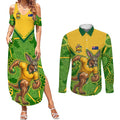 Personalized Australian Jackaroo Lawn Bowls Couples Matching Summer Maxi Dress and Long Sleeve Button Shirt Kangaroo Athlete Indigenous Pattern Green Yellow Sports Mascot