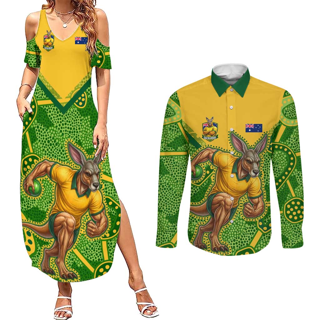 Personalized Australian Jackaroo Lawn Bowls Couples Matching Summer Maxi Dress and Long Sleeve Button Shirt Kangaroo Athlete Indigenous Pattern Green Yellow Sports Mascot