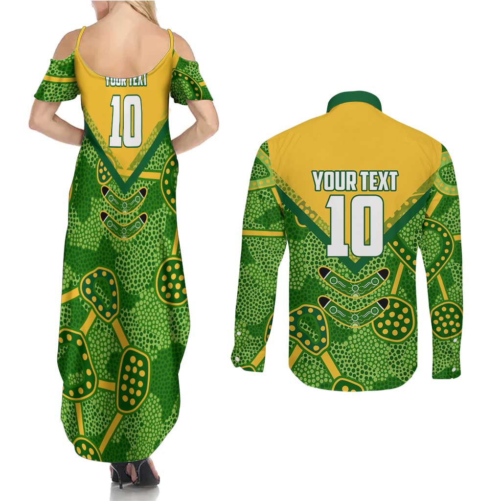 Personalized Australian Jackaroo Lawn Bowls Couples Matching Summer Maxi Dress and Long Sleeve Button Shirt Kangaroo Athlete Indigenous Pattern Green Yellow Sports Mascot