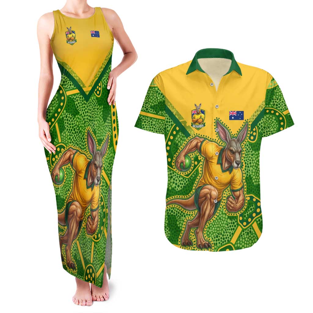 Personalized Australian Jackaroo Lawn Bowls Couples Matching Tank Maxi Dress and Hawaiian Shirt Kangaroo Athlete Indigenous Pattern Green Yellow Sports Mascot